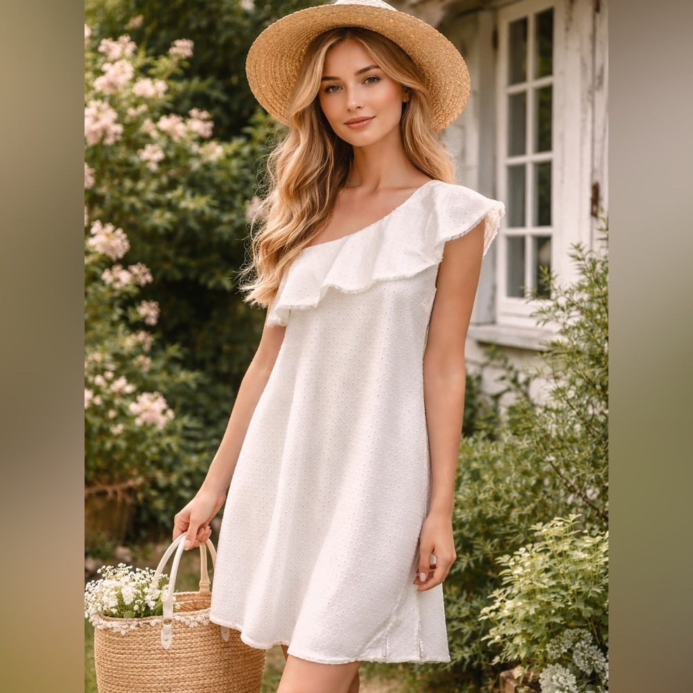 Cloth & Stone White Eyelet One Shoulder Ruffle Dress | Anthropologie S